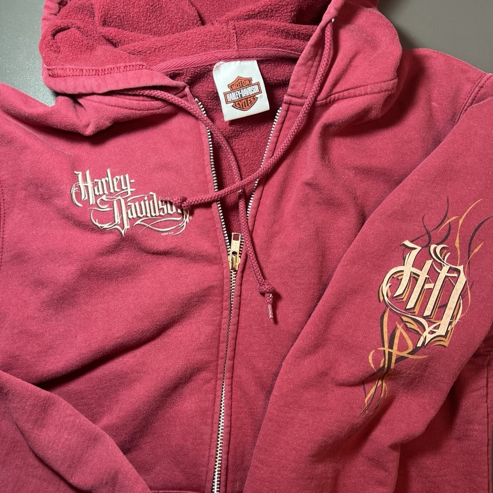 Vtg Harley Davidson Hoodie Faded Maroon Y2K Tribal Sleeve Logo Cyber Biker Small